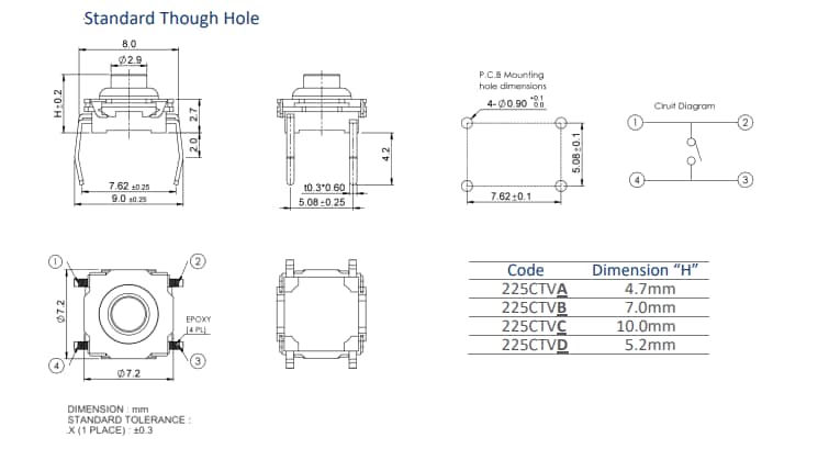 Mechanical Drawing - CTS Electronic Components 225C Tactile Switches
